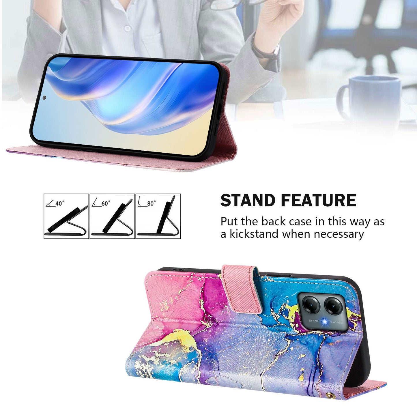 For Motorola Moto G Play (2025) 4G Case Pattern Printing Wallet Phone Cover with Strap - Multicolor Marble