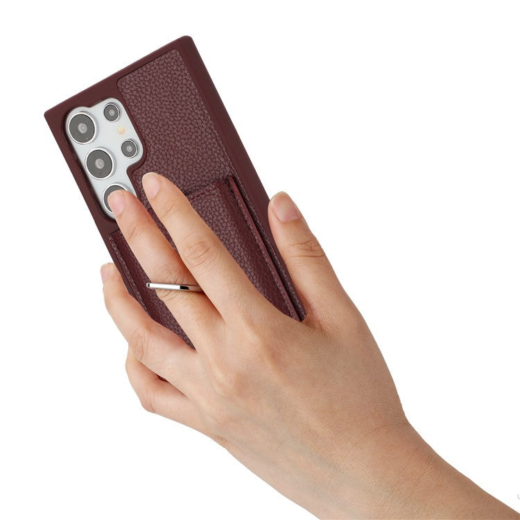 For Samsung Galaxy S25 Ultra Case with Ring Kickstand Drawing Type Card Slots Leather Back Cover - Wine Red