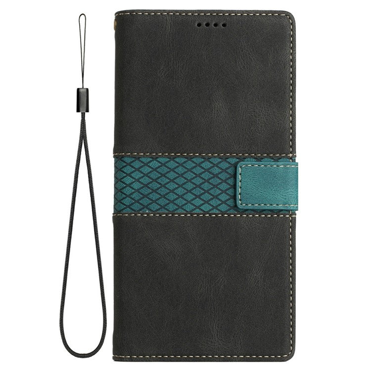 For Samsung Galaxy S25 Ultra Leather Case Grid Splicing Stand Wallet Phone Cover - Black