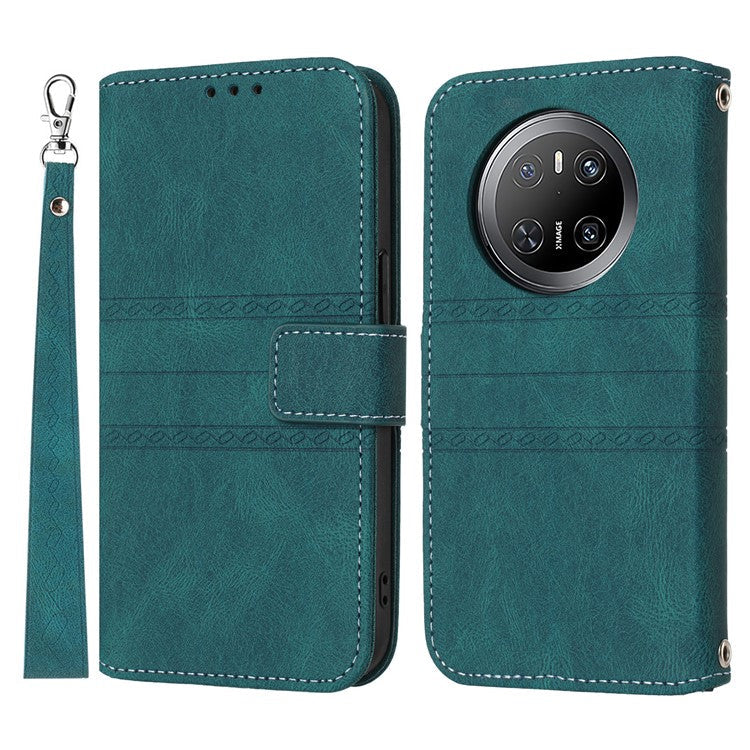 For Huawei Mate 70 Case Wallet Skin-Touch Leather Imprinted Phone Cover - Blackish Green