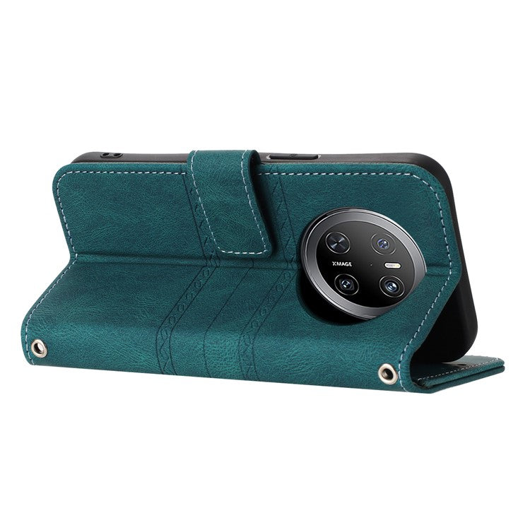 For Huawei Mate 70 Case Wallet Skin-Touch Leather Imprinted Phone Cover - Blackish Green
