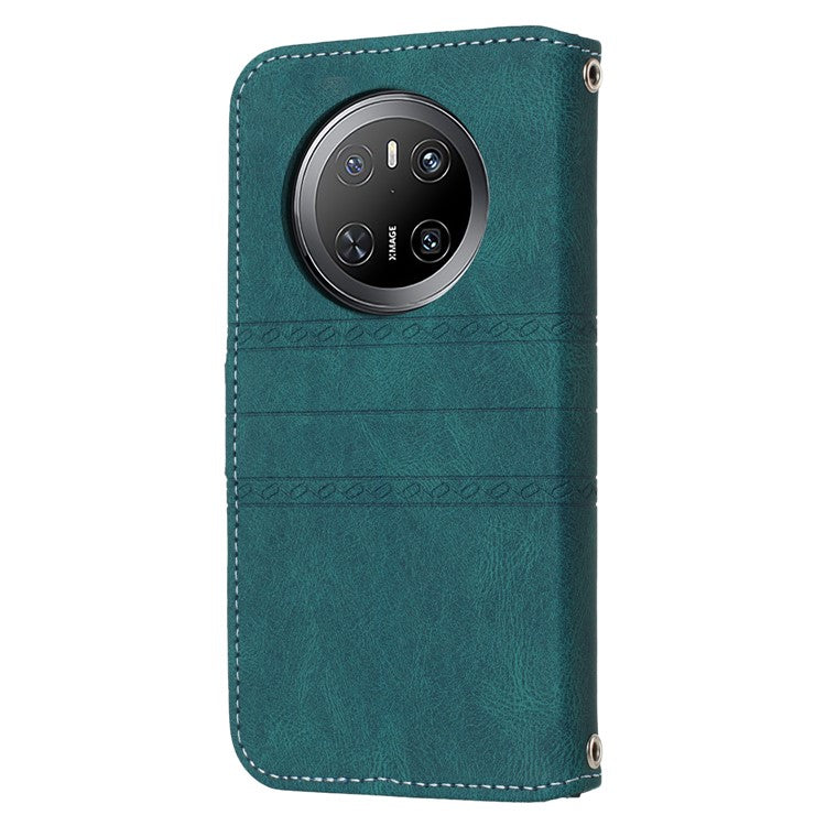 For Huawei Mate 70 Case Wallet Skin-Touch Leather Imprinted Phone Cover - Blackish Green