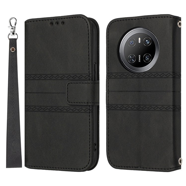 For Huawei Mate 70 Case Wallet Skin-Touch Leather Imprinted Phone Cover - Black