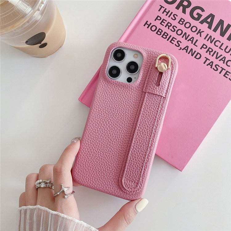 For iPhone 16 Pro Case Wristband Kickstand PU Leather + PET Phone Cover - Pink