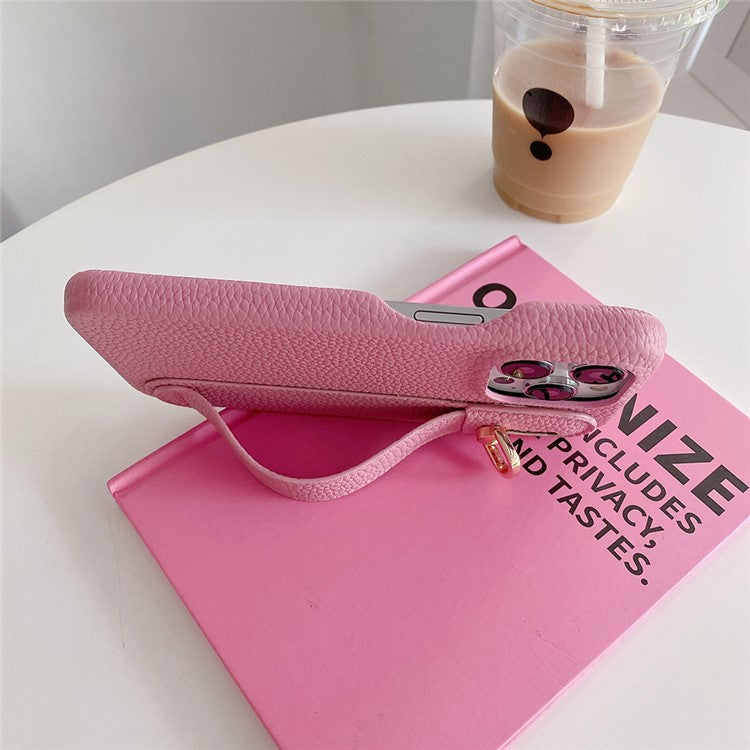 For iPhone 16 Pro Case Wristband Kickstand PU Leather + PET Phone Cover - Pink