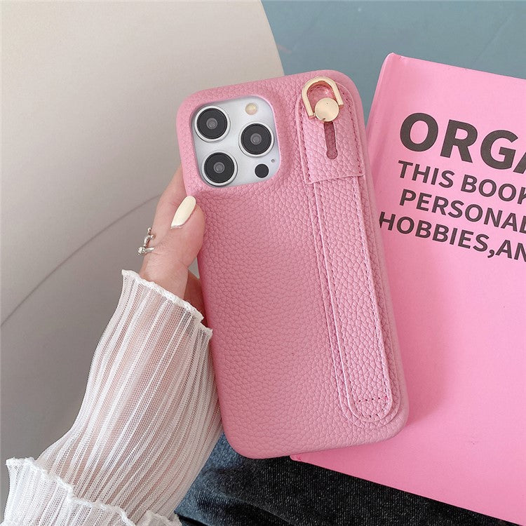 For iPhone 16 Pro Case Wristband Kickstand PU Leather + PET Phone Cover - Pink