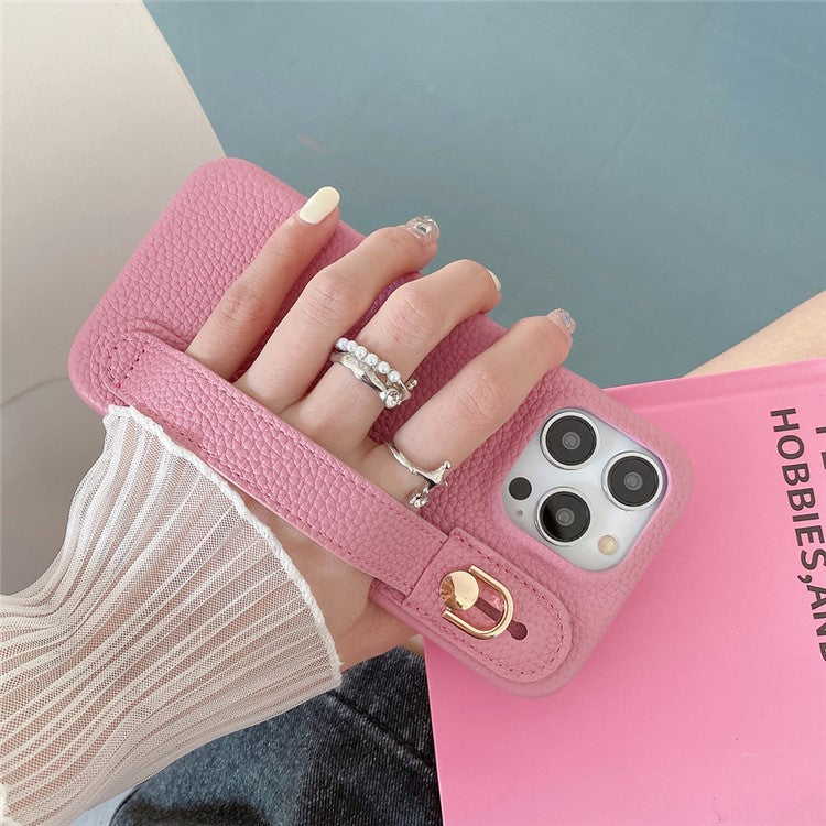 For iPhone 16 Pro Case Wristband Kickstand PU Leather + PET Phone Cover - Pink