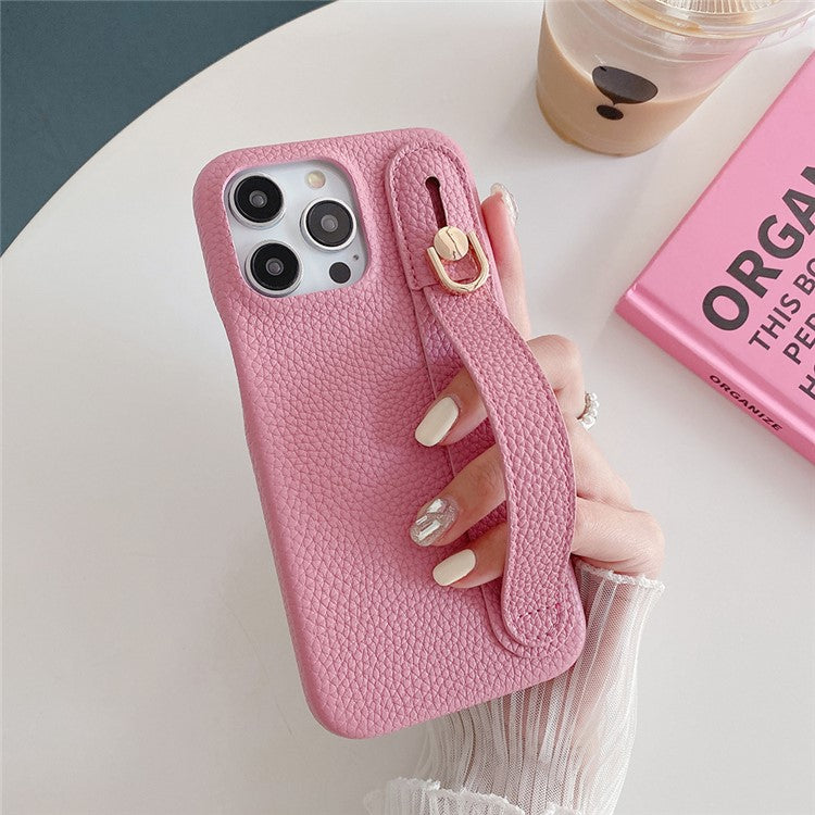 For iPhone 16 Pro Case Wristband Kickstand PU Leather + PET Phone Cover - Pink