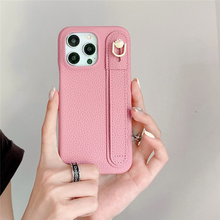For iPhone 16 Pro Case Wristband Kickstand PU Leather + PET Phone Cover - Pink