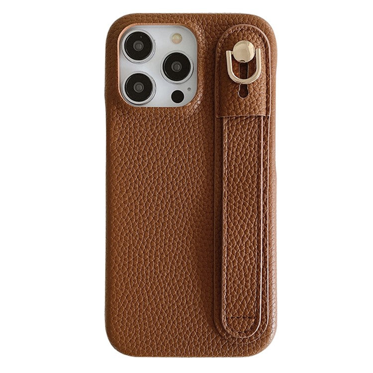 For iPhone 16 Pro Case Wristband Kickstand PU Leather + PET Phone Cover - Dark Brown