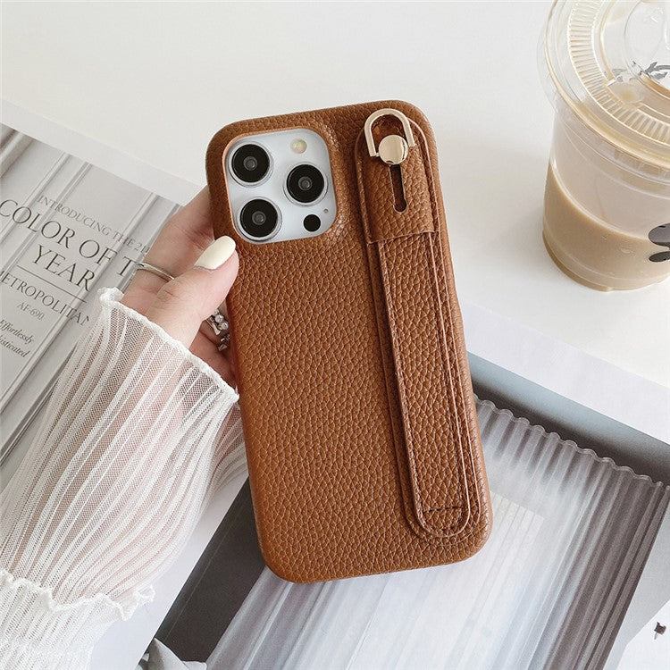 For iPhone 16 Pro Case Wristband Kickstand PU Leather + PET Phone Cover - Dark Brown