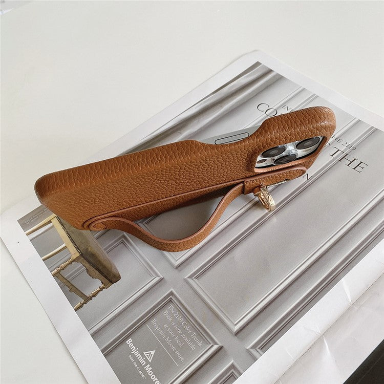 For iPhone 16 Pro Case Wristband Kickstand PU Leather + PET Phone Cover - Dark Brown