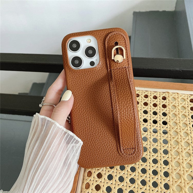 For iPhone 16 Pro Case Wristband Kickstand PU Leather + PET Phone Cover - Dark Brown