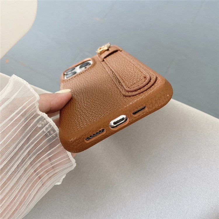 For iPhone 16 Pro Case Wristband Kickstand PU Leather + PET Phone Cover - Dark Brown