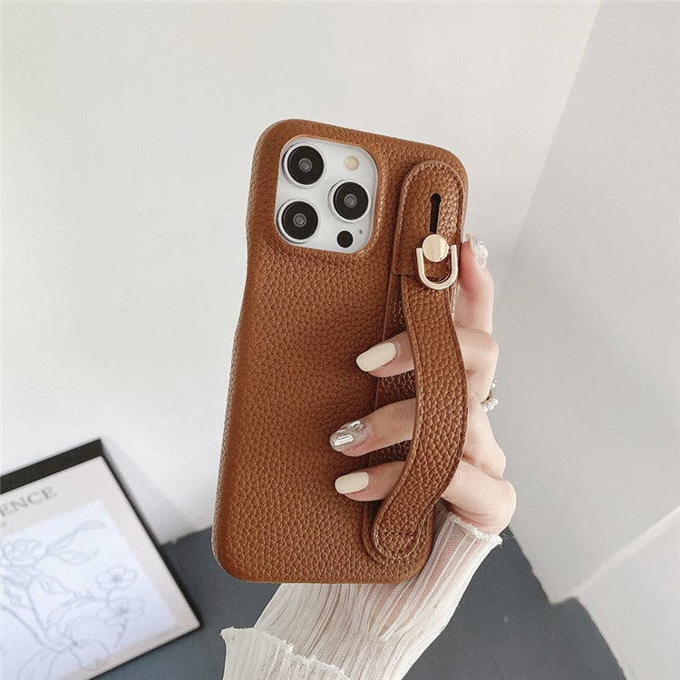 For iPhone 16 Pro Case Wristband Kickstand PU Leather + PET Phone Cover - Dark Brown
