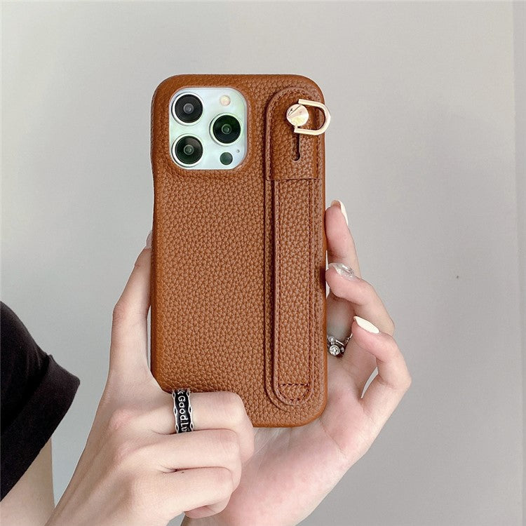 For iPhone 16 Pro Case Wristband Kickstand PU Leather + PET Phone Cover - Dark Brown