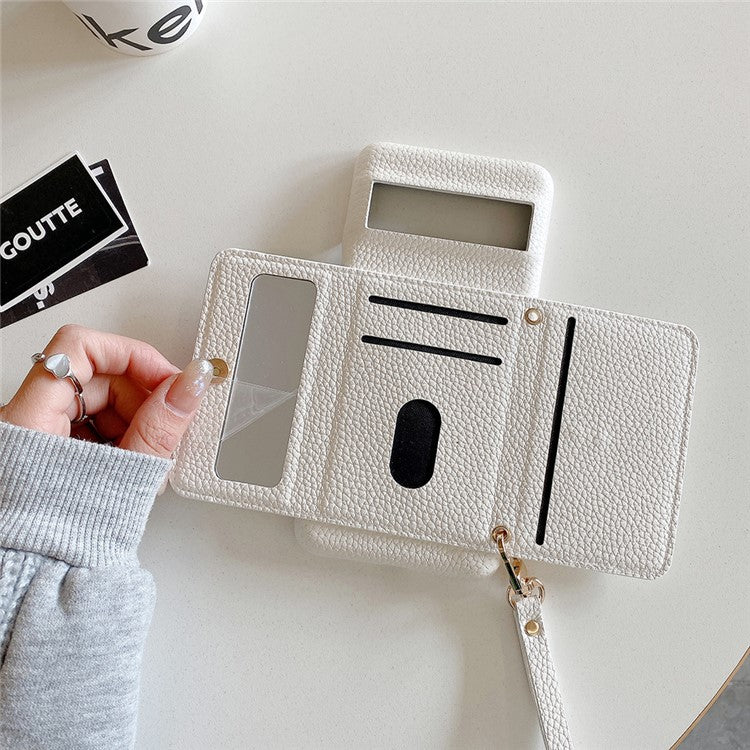 For Google Pixel 8 Pro Case Mirror Design PU Leather Back Cover with Card Slots, Wrist Strap - White