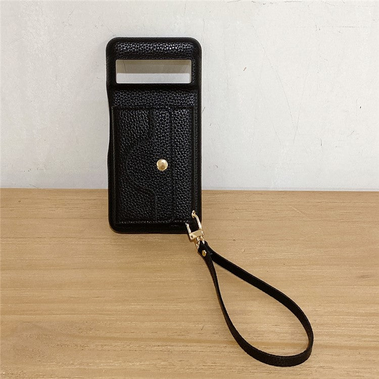 For Google Pixel 8 Pro Case Mirror Design PU Leather Back Cover with Card Slots, Wrist Strap - Black