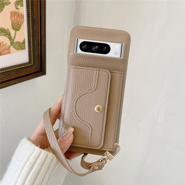 For Google Pixel 8 Pro Case Mirror Design PU Leather Back Cover with Card Slots, Wrist Strap - Light Brown