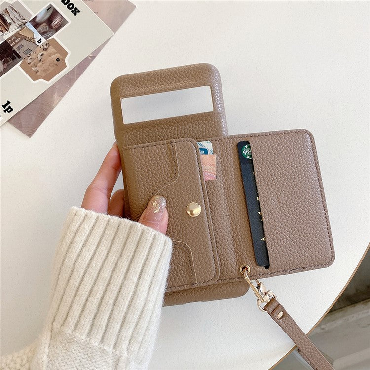 For Google Pixel 8 Pro Case Mirror Design PU Leather Back Cover with Card Slots, Wrist Strap - Light Brown
