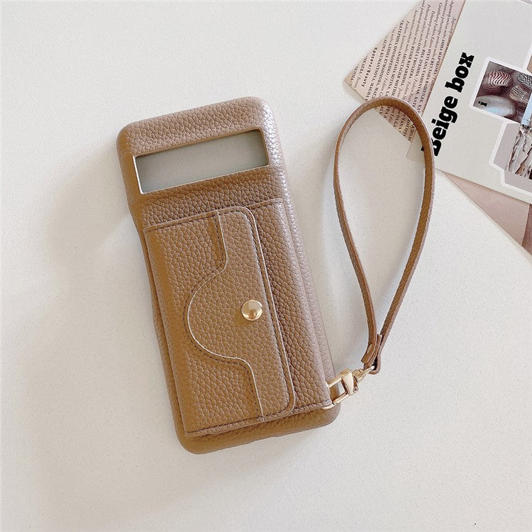 For Google Pixel 8 Pro Case Mirror Design PU Leather Back Cover with Card Slots, Wrist Strap - Light Brown
