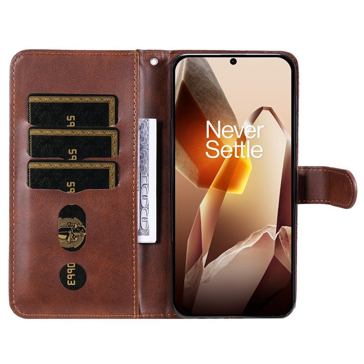 For OnePlus 13 Case Zipper Wallet Calf Texture PU Leather Phone Cover - Brown