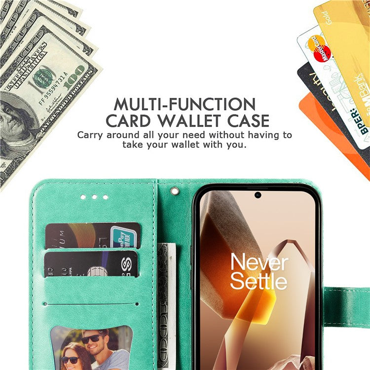 For OnePlus 13 Case PU Leather Wallet Floral Phone Cover Stand View - Green