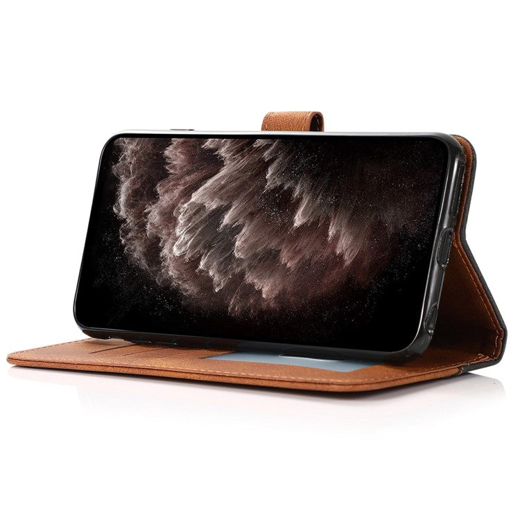 For Samsung Galaxy A26 5G Cover Color Splicing Wallet Stand Leather Phone Case with Wrist Strap - Black Brown