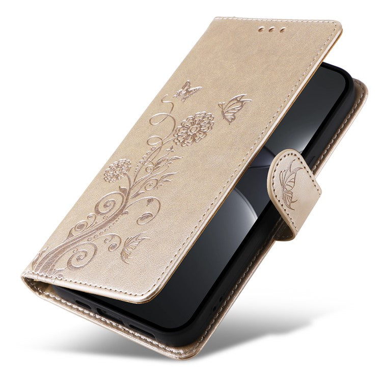 For Huawei nova 13 Pro 5G Leather Case Butterfly Floral Imprint Wallet Stand Cover - Gold
