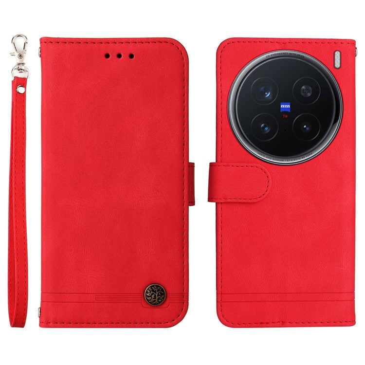 For vivo X200 Pro 5G Wallet Case Skin Touch Leather Phone Cover Tree Pattern Hardware - Red