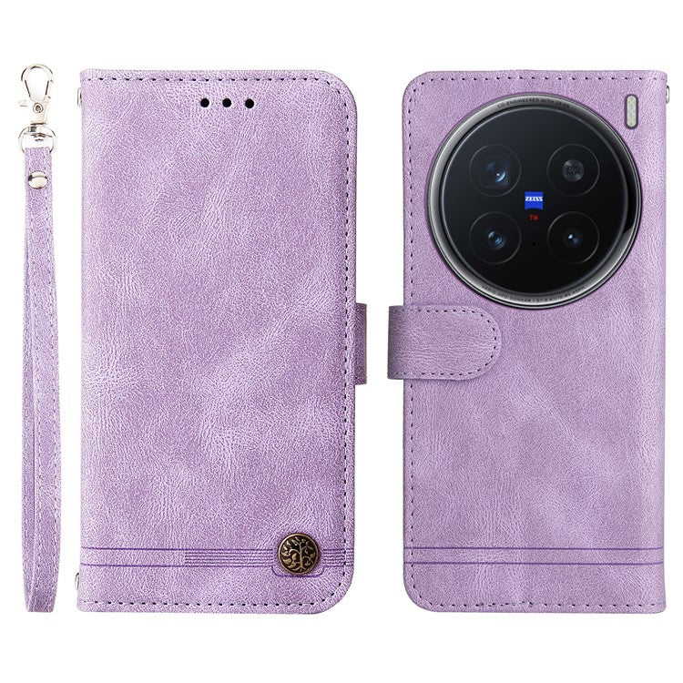 For vivo X200 Pro 5G Wallet Case Skin Touch Leather Phone Cover Tree Pattern Hardware - Purple