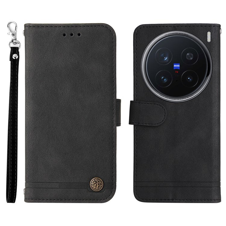 For vivo X200 Pro 5G Wallet Case Skin Touch Leather Phone Cover Tree Pattern Hardware - Black