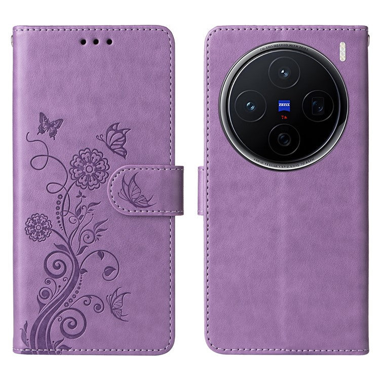 For vivo X200 5G Leather Case Butterfly Floral Imprint Wallet Stand Cover - Purple