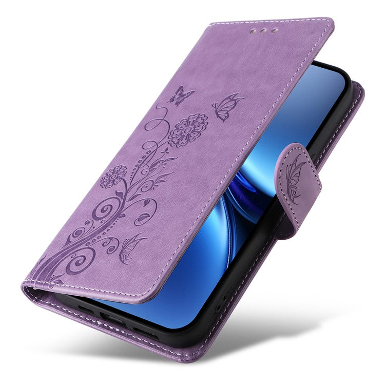 For vivo X200 5G Leather Case Butterfly Floral Imprint Wallet Stand Cover - Purple