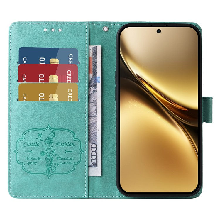 For vivo X200 Pro 5G Leather Case Butterfly Floral Imprint Wallet Stand Cover - Green