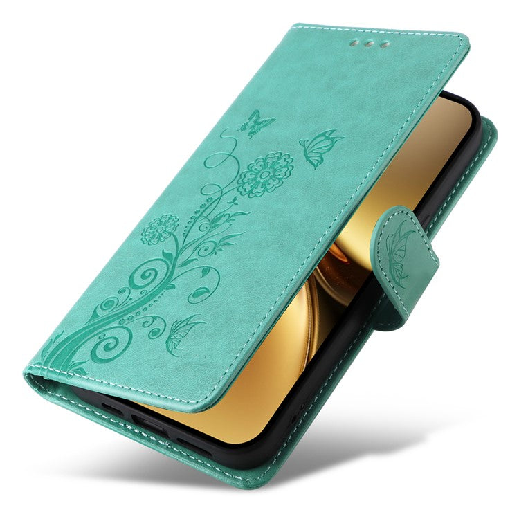 For vivo X200 Pro 5G Leather Case Butterfly Floral Imprint Wallet Stand Cover - Green