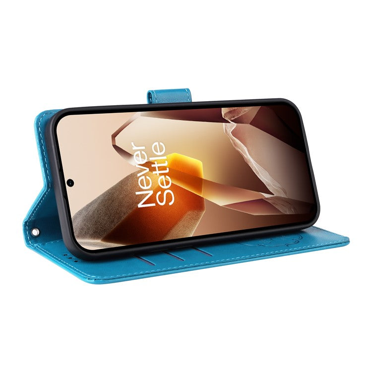 For OnePlus 13 Leather Case Butterfly Floral Imprint Wallet Stand Cover - Blue