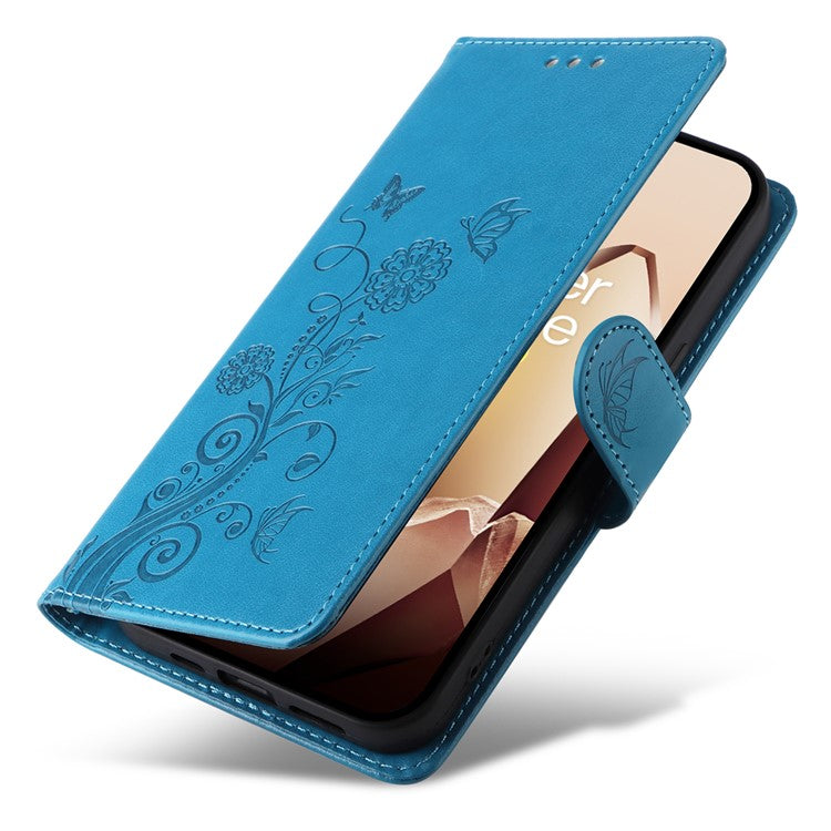For OnePlus 13 Leather Case Butterfly Floral Imprint Wallet Stand Cover - Blue