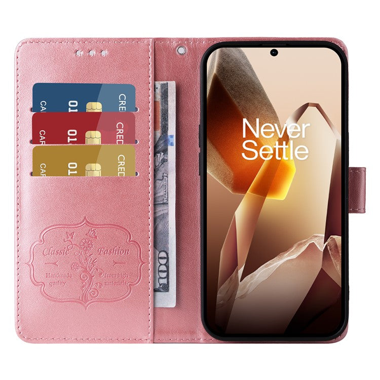 For OnePlus 13 Leather Case Butterfly Floral Imprint Wallet Stand Cover - Pink