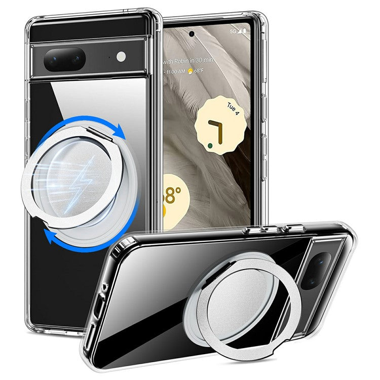 For Google Pixel 7a Magnetic Case Rotary Kickstand TPU PC Clear Phone Back Cover