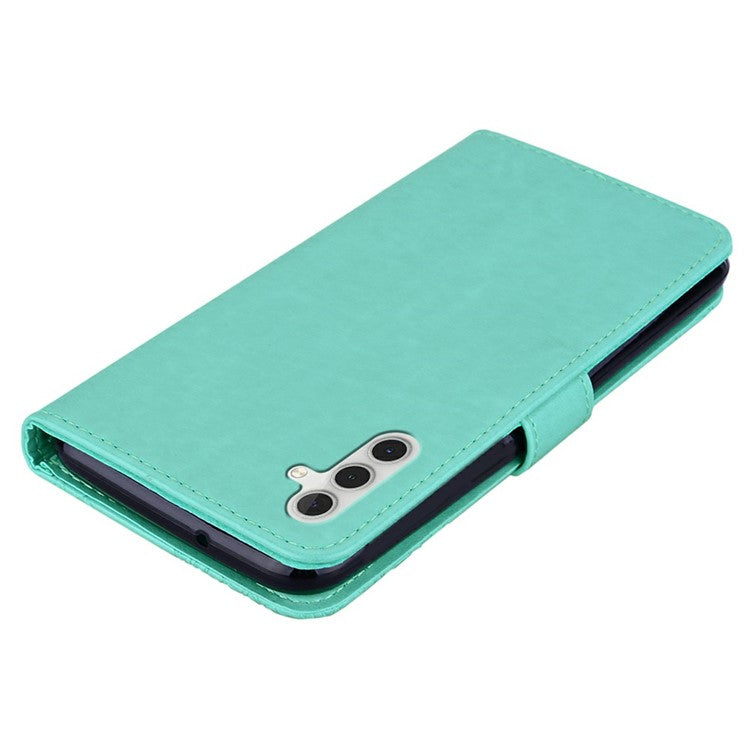 For Samsung Galaxy S25 Case Owl Flower Imprinted Leather Cover Wallet with Strap - Cyan