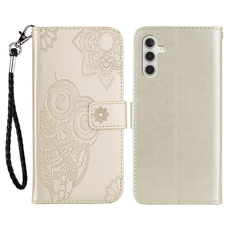 For Samsung Galaxy A56 5G Case Owl Flower Imprinted Leather Cover Wallet with Strap - Gold