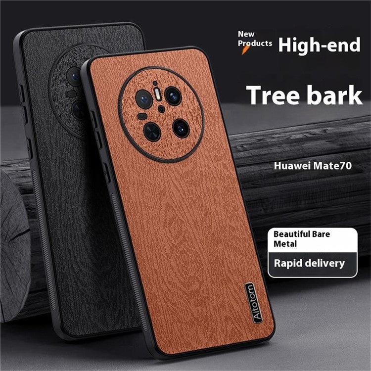 For Huawei Mate 70 Case Wood Texture PU Leather Coated PC TPU Phone Cover - Blue