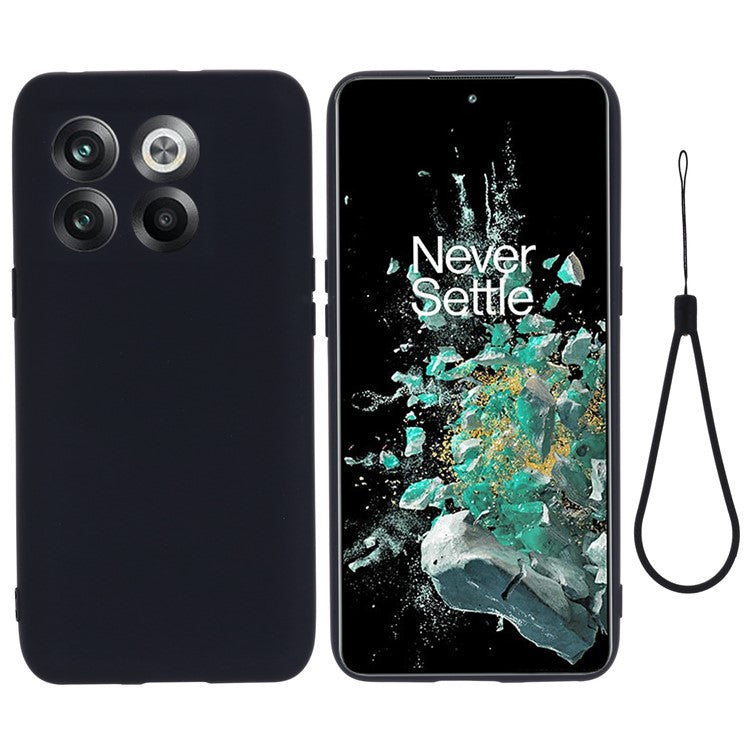 For OnePlus 10T 5G / Ace Pro 5G Liquid Silicone Shockproof Protective Phone Case Soft Fiber Lining Anti-Scratch Cover with Strap - Black