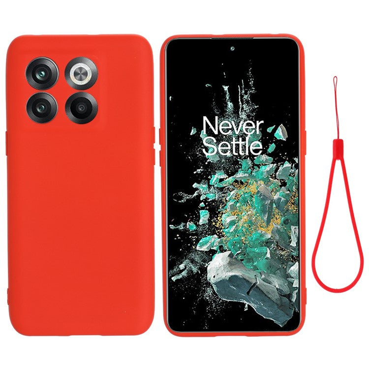 For OnePlus 10T 5G / Ace Pro 5G Liquid Silicone Shockproof Protective Phone Case Soft Fiber Lining Anti-Scratch Cover with Strap - Red