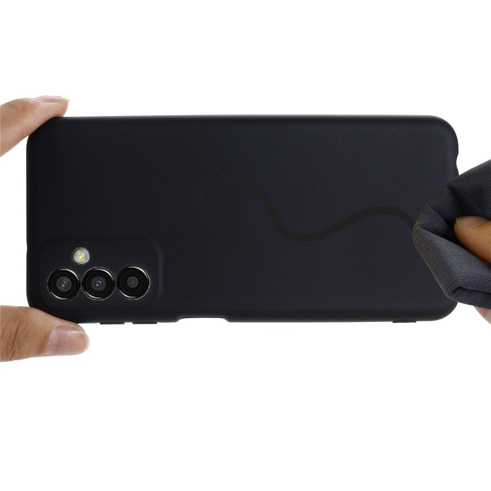 For Samsung Galaxy M13 4G Mobile Phone Case Liquid Silicone Anti-scratch Cell Phone Shell Cover with Strap - Black