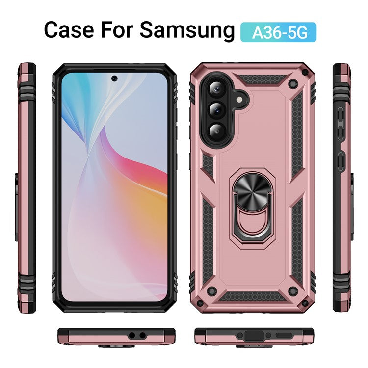 For Samsung Galaxy A36 5G Case PC+TPU Phone Cover with Rotary Ring Kickstand - Rose Gold