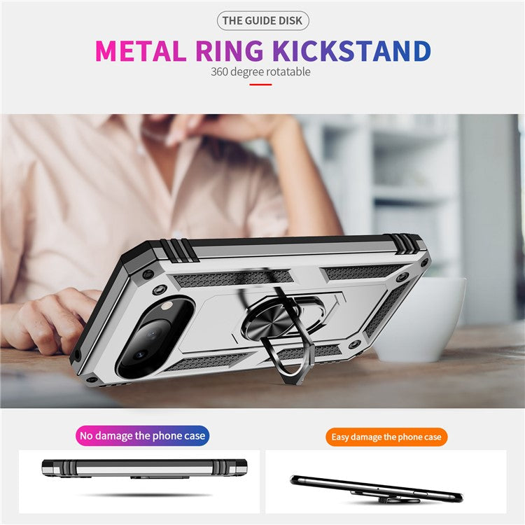 For Google Pixel 9a Case PC+TPU Phone Cover with Rotary Ring Kickstand - Silver