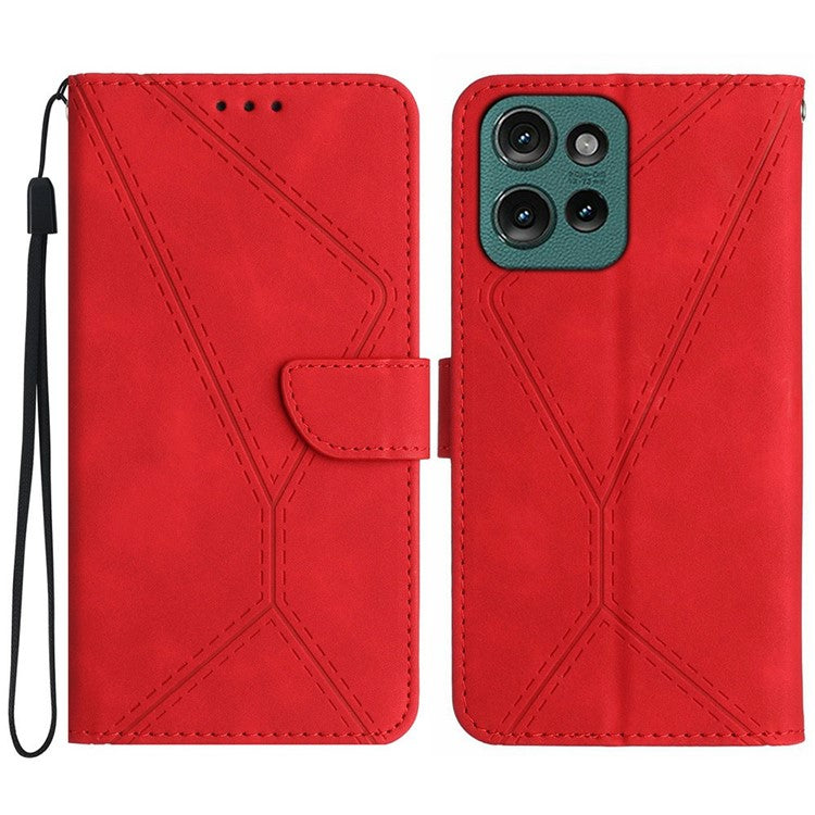 For Motorola Moto G 5G (2025) Case Skin-Touch Lines PU Leather Flip Phone Cover - Red