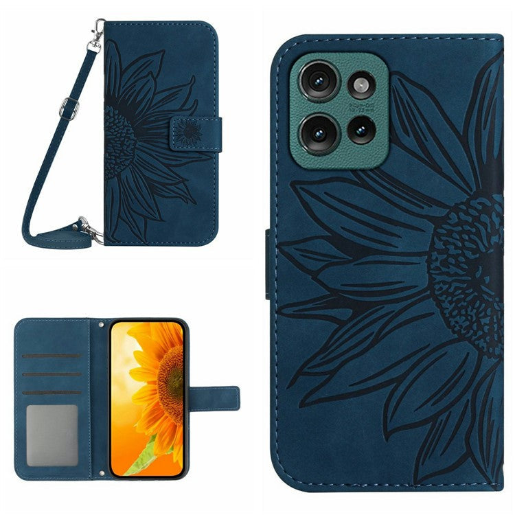 For Motorola Moto G 5G (2025) Case Sunflower Imprint PU Leather Phone Cover with Long Strap - Dark Blue